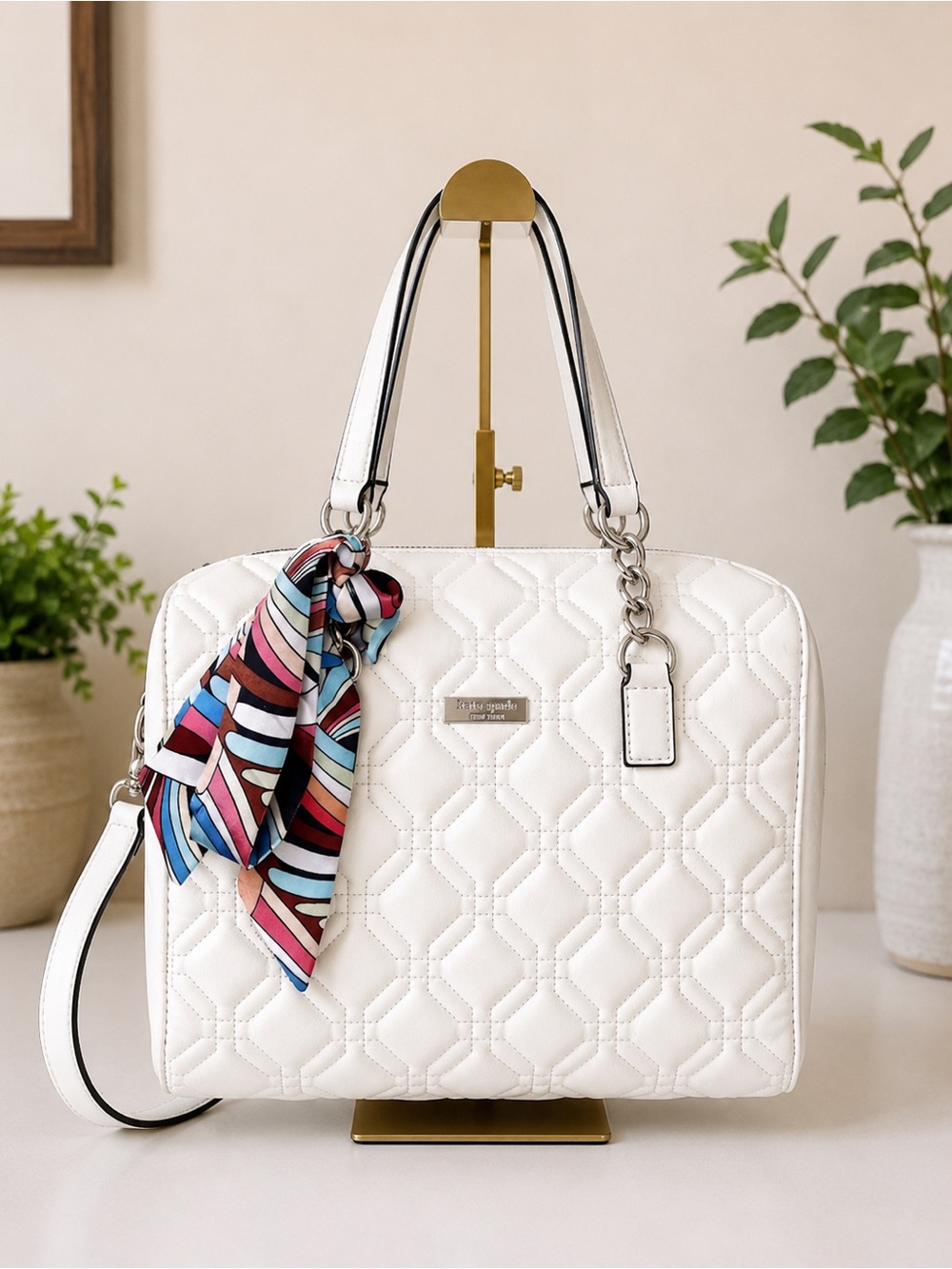Kate Spade Alessa Astor Court Cream Quilted Satchel Bag with Scarf Accent